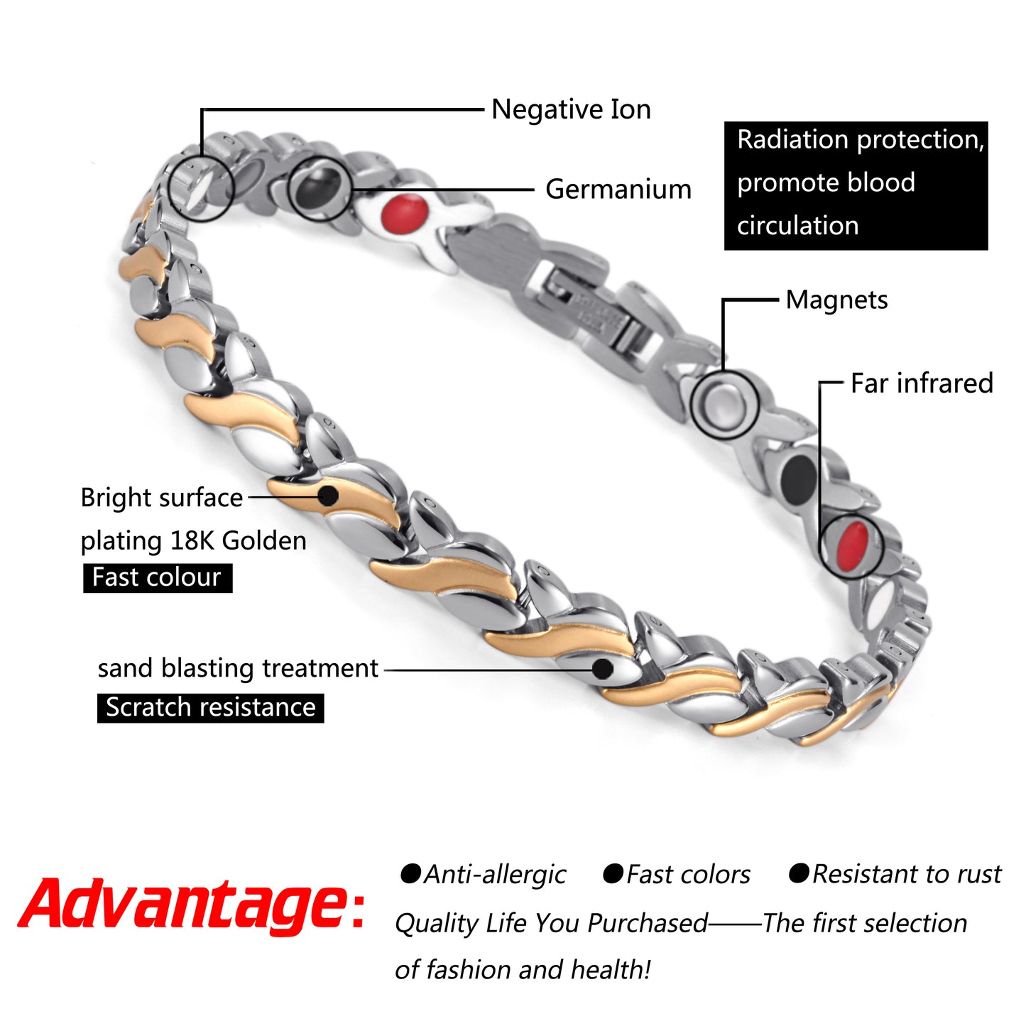 Stainless Steel Women Magnetic Bracelet , Silver Gold , OSB-1551SGFIR