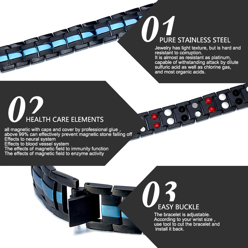 Stainless Steel Mens Magnetic Bracelets , Blue Black , OSB-1537BKBLFIR