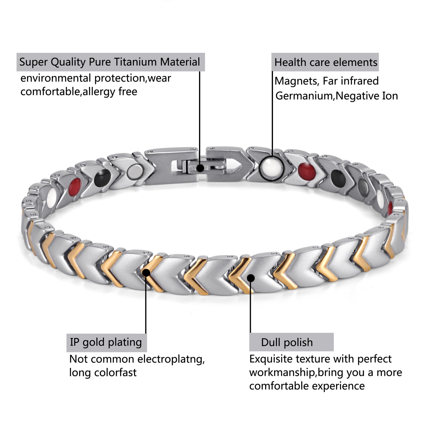 Titanium Woman's Powerful Magnetic Bracelet , Silver Gold , OTB-034SGFIR