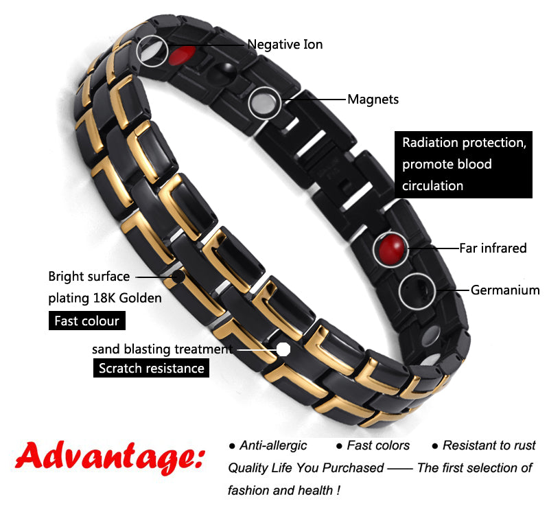 Stainless Steel Pain Magnetic Bracelets , Black Gold , OSB-086-01BGFIR