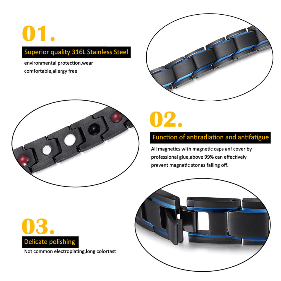 Stainless Steel Mens Magnetic Bracelet , Blue Black , OSB-1540BKBLFIR