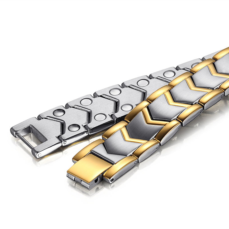 Stainless Steel Bio Mens Magnetic Bracelet , Silver Gold , OSB-1748SG